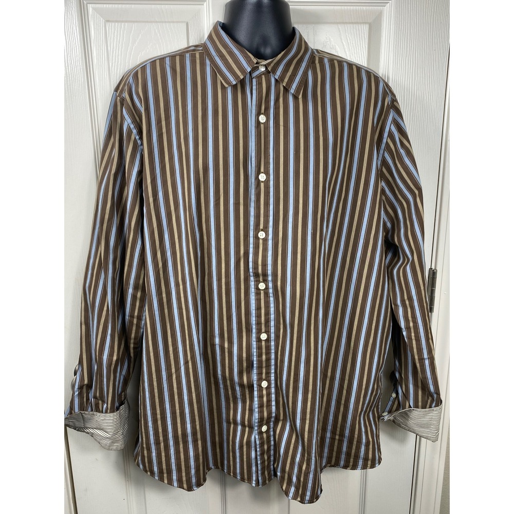 Eddie‎ Bauer Men's XL Tall Striped Long Sleeve Contrast Cuff Button Down Shirt